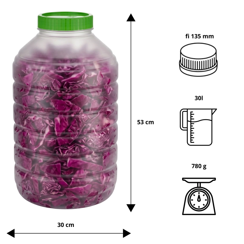 Infografika słoja PET Gospodarz 30 l — wymiary 53x30 cm, otwór 13,5 cm, nakrętka fi 140, 780 g