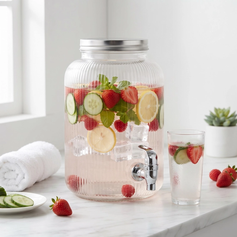 Słój szklany ryflowany 4L z kranem srebrnym i szklankami — letni drink podany na stole