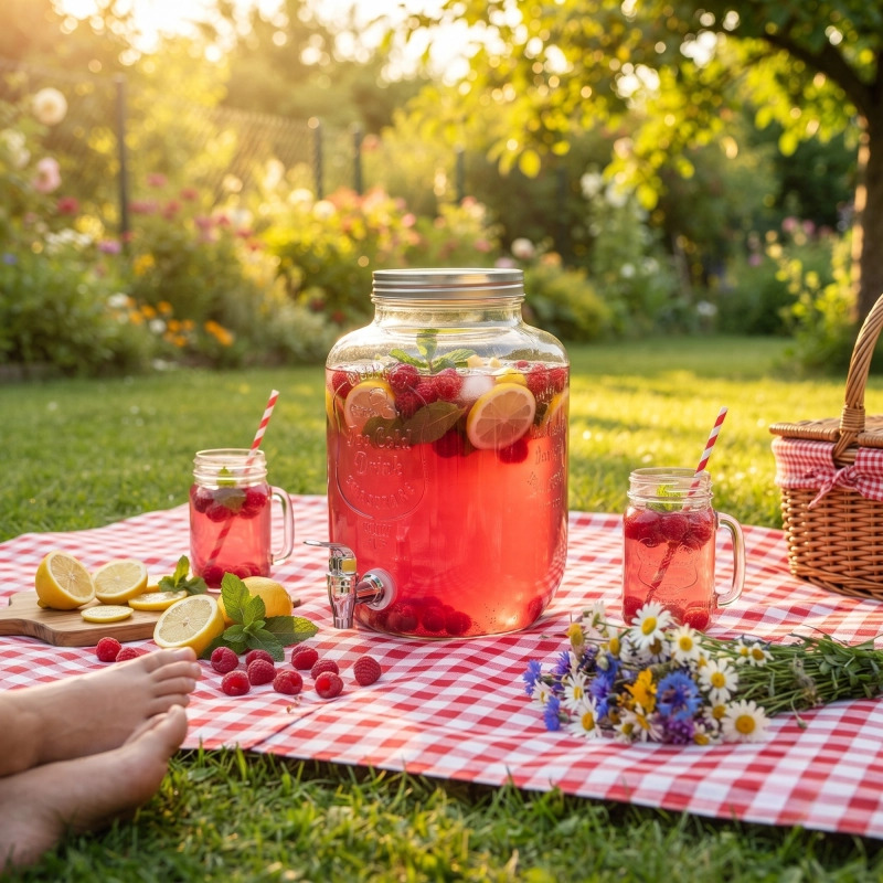Słój szklany z kranikiem srebrnym 4 litry w ogrodzie — letni drink, pojemność 4L, waga 1300 g