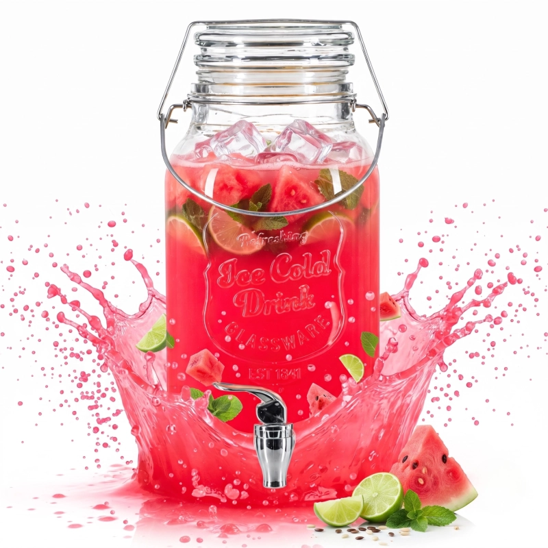 Szklany słój 4L z kranem i szklaną pokrywą — czerwony drink z truskawkami, tłoczone zdobienia