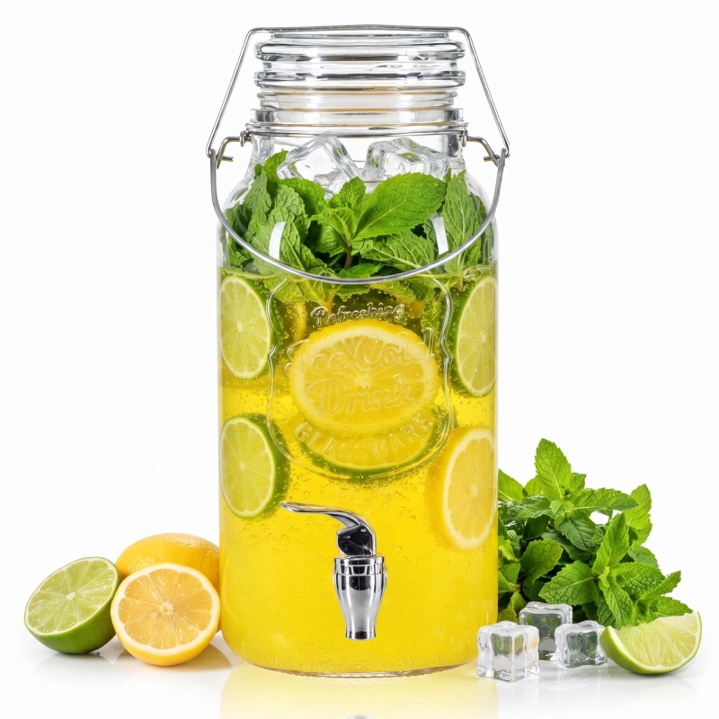 Szklany pojemnik z kranem 4L ze szklaną pokrywą z klipsem — lemoniada cytrynowa, wysokość 32 cm
