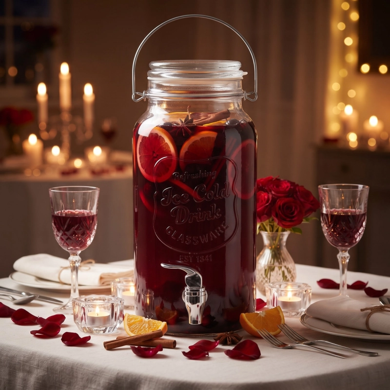 Szklany słój zdobiony z kranem srebrnym 4 litry — wieczorna stylizacja ze świecami, dark drink
