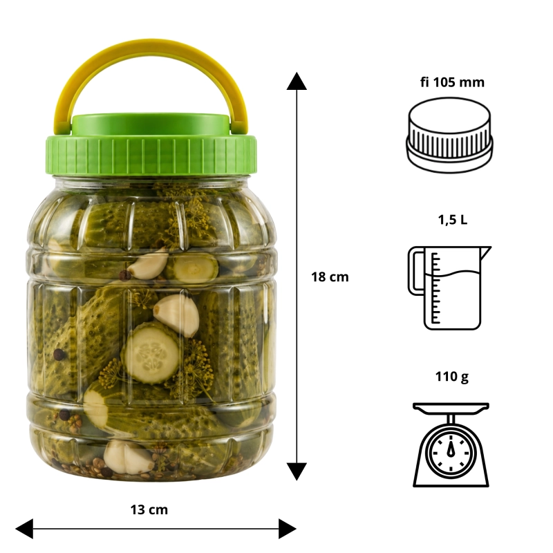 Infografika słoja PET Spichlerz 1,5 l — wymiary 18x13 cm, otwór 9 cm, atest spożywczy, 110 g