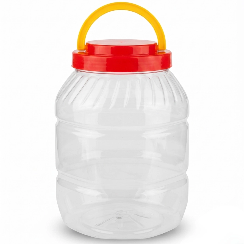 Kwadratowy pojemnik PET 4 l z niebieską zakrętką z uchwytem, otwór 11 cm, atest spożywczy