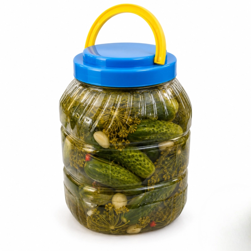 Słój plastikowy PET 4 l z zielonymi ogórkami kiszonymi, zakrętka z uchwytem, otwór 11 cm