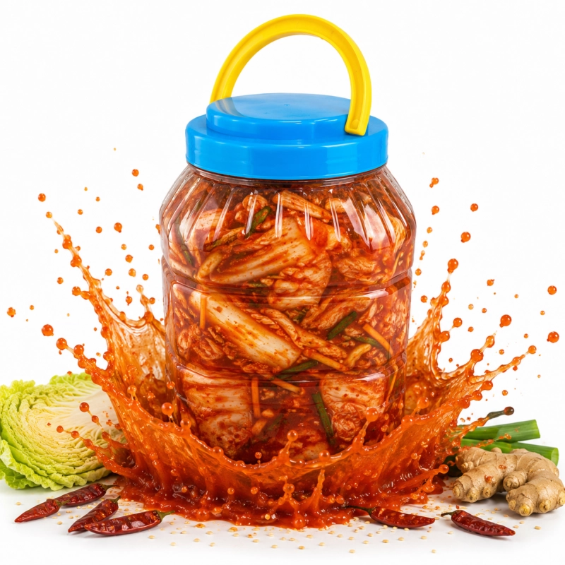 Słój kwadratowy PET 4 l z kimchi lub mieszanką kiszoną, zakrętka z uchwytem, atest spożywczy