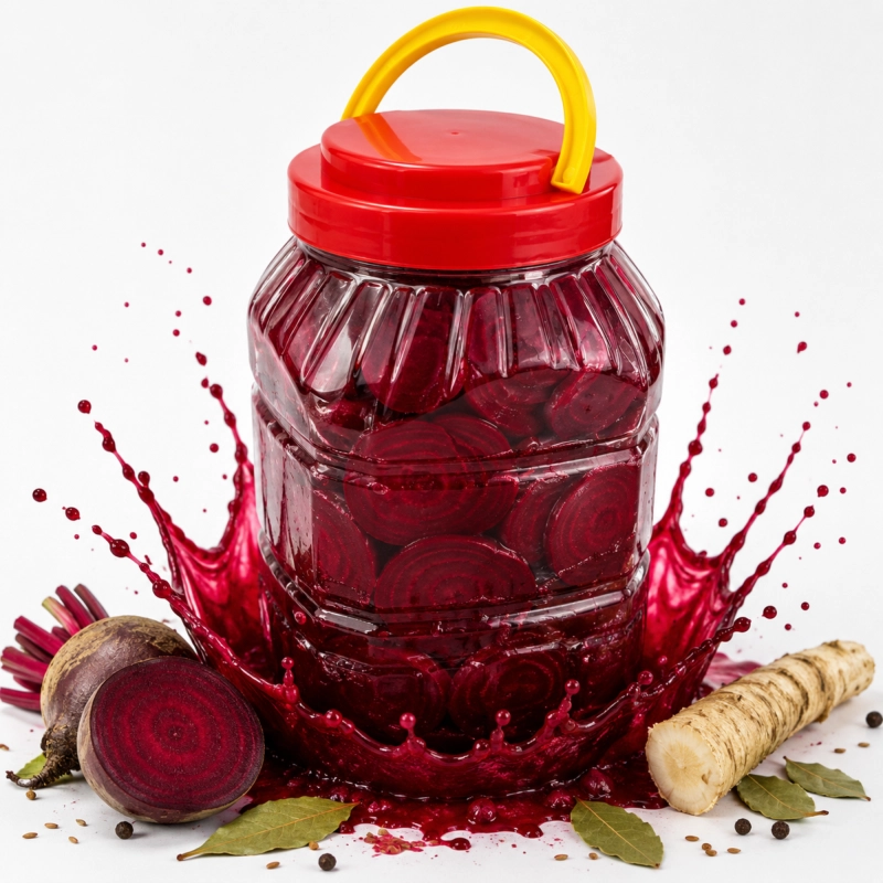 Słój plastikowy PET 4 l z kiszonymi burakami, szczelna zakrętka z uchwytem, nietłukący