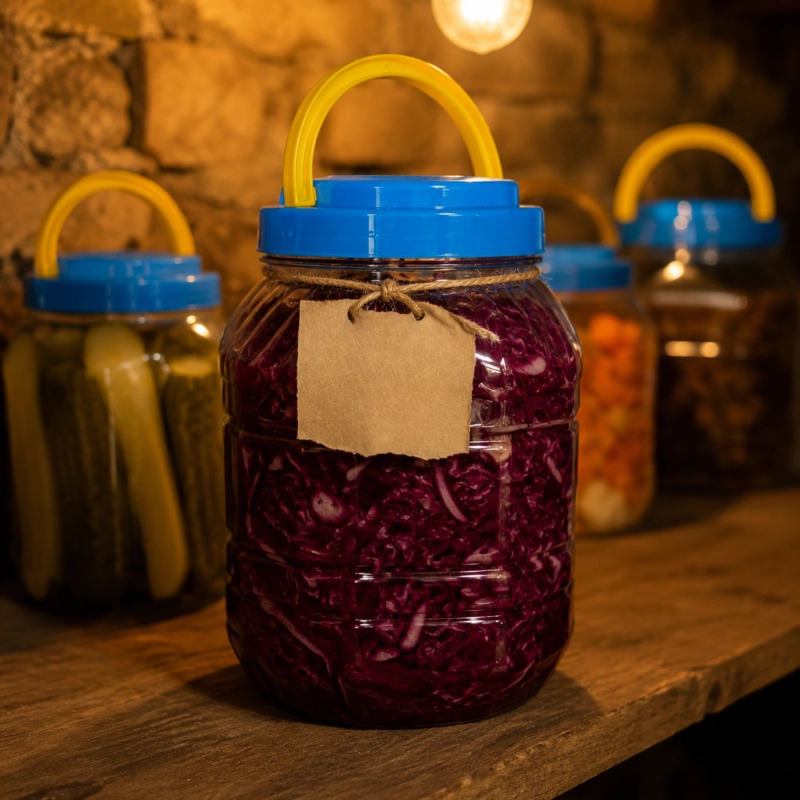 Plastikowy słój PET 4 l do kiszenia grzybów, kwadratowy, zakrętka z uchwytem, otwór 11 cm