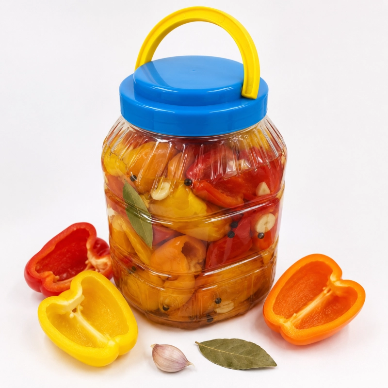 Plastikowy pojemnik PET 4 l do kiszenia marchwi i dyni, kwadratowa podstawa, zakrętka z uchwytem