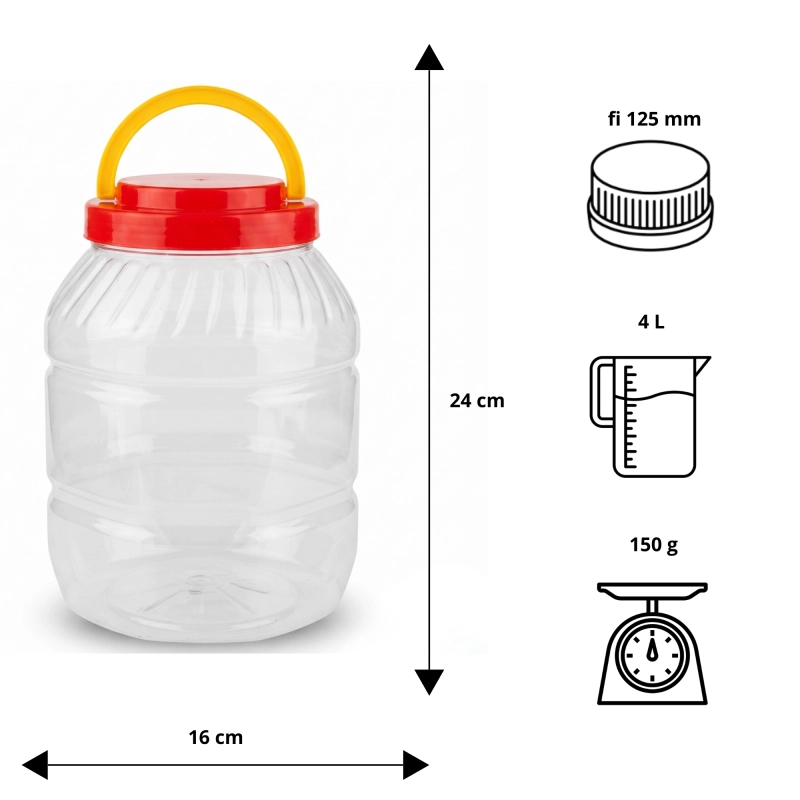 Wymiary słoja plastikowego PET 4 l: wysokość 24 cm, szerokość 16 cm, otwór 11 cm