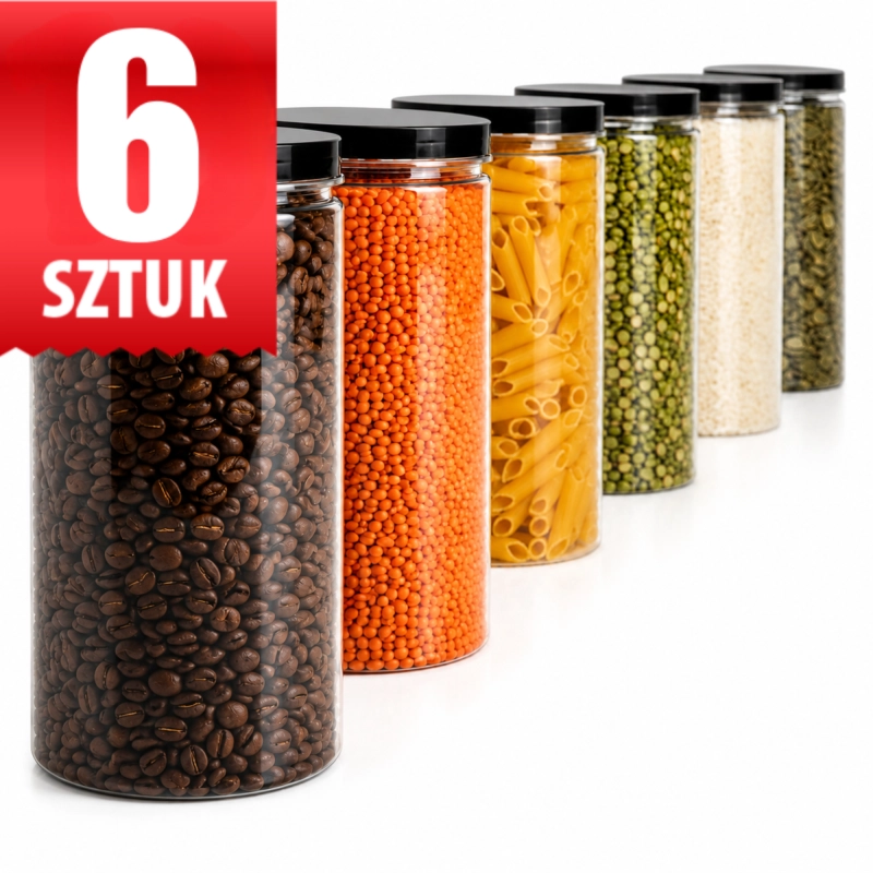 Zestaw 6 plastikowych słoików PET 1,5 l z czarnymi zakrętkami fi100 na produkty sypkie