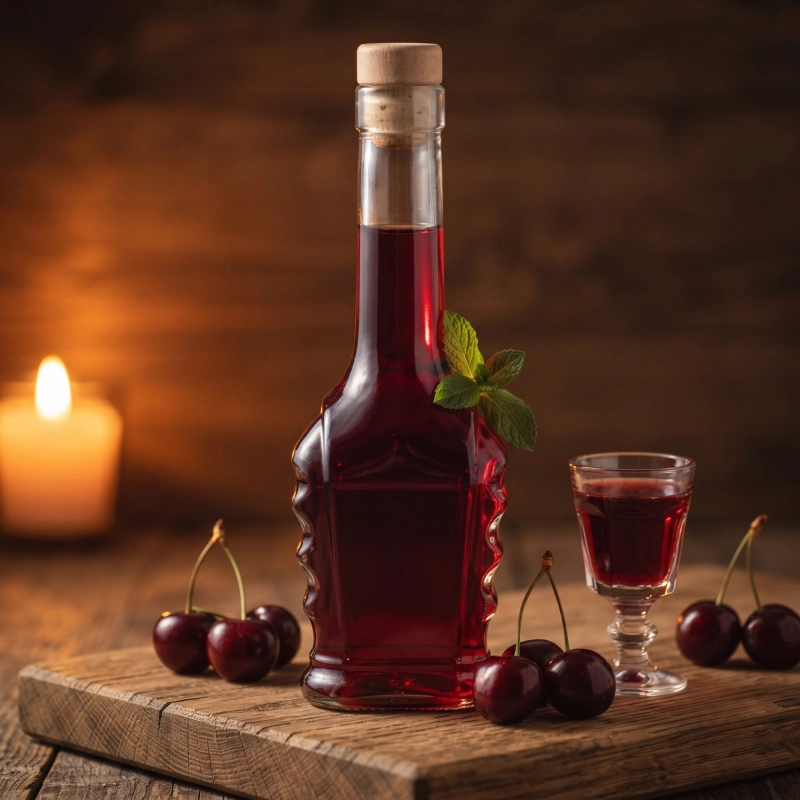 Butelka szklana Bukareszt 250 ml z korkiem grzybkiem fi 19 mm przy kieliszku z ciemną nalewką