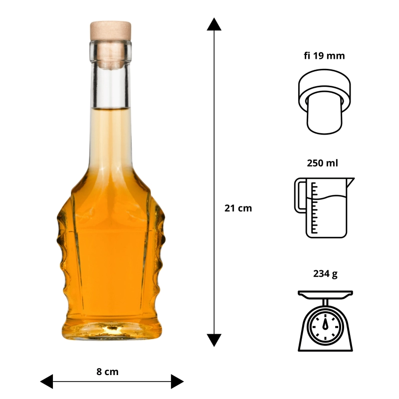 Szklana butelka Bukareszt 250 ml z oznaczeniami wymiarów szyjki fi 19 mm i pojemności
