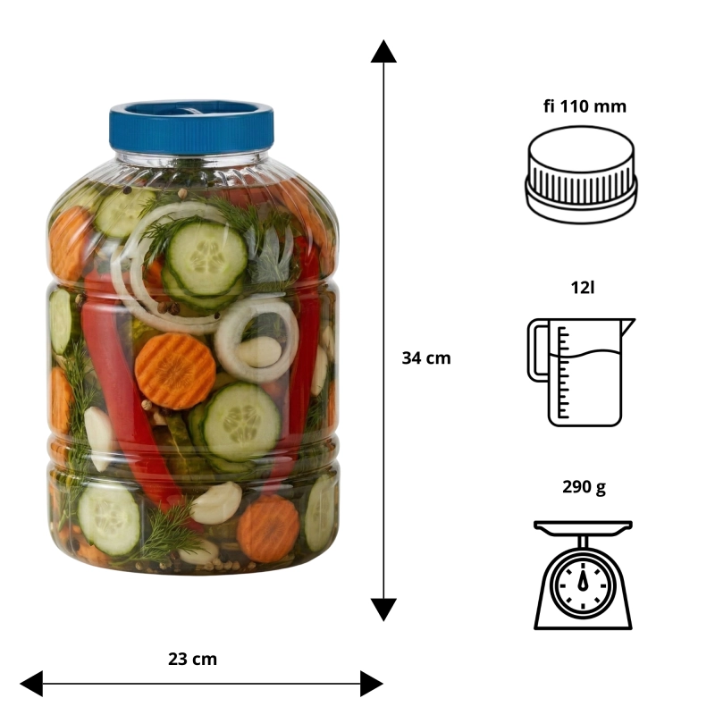 Infografika słoja kwadratowego PET Skarbiec 12 l — wymiary 34x23 cm, otwór 11 cm, waga 290 g