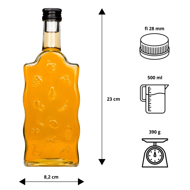 Szklana butelka Warta Fruit 500 ml z tablicą wymiarów — wys. 23 cm, szer. 8,3 cm, gwint fi 28 mm