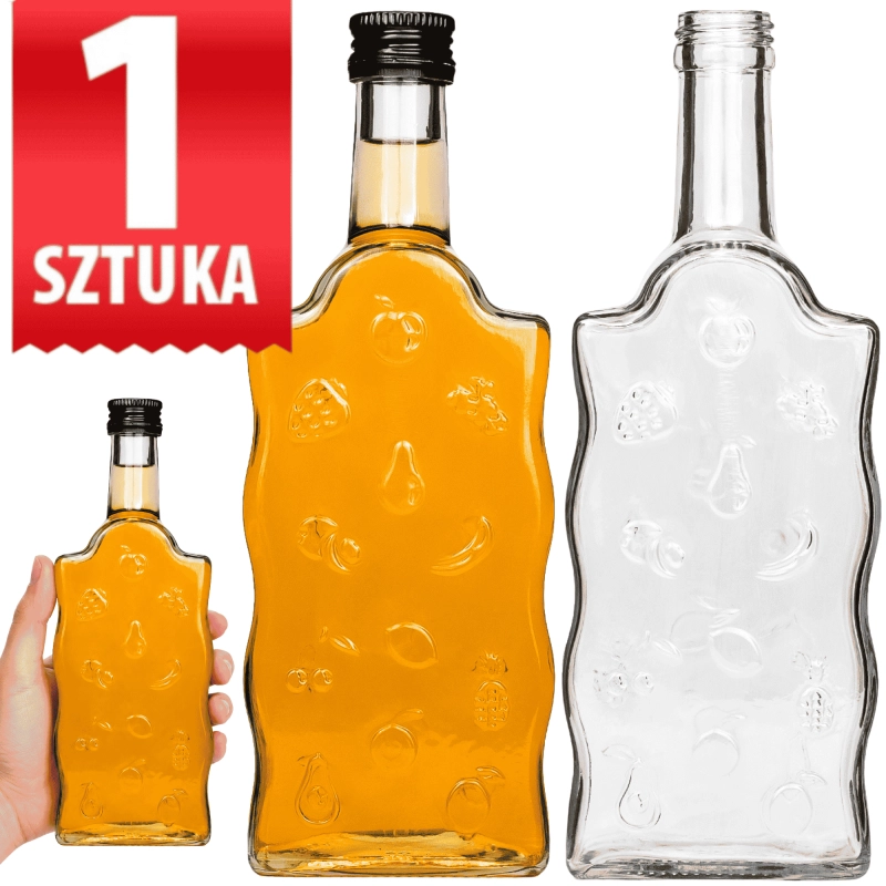 Szklana butelka Warta Fruit 500 ml zestawiona z wyższą butelką — porównanie rozmiarów, gwint fi 28
