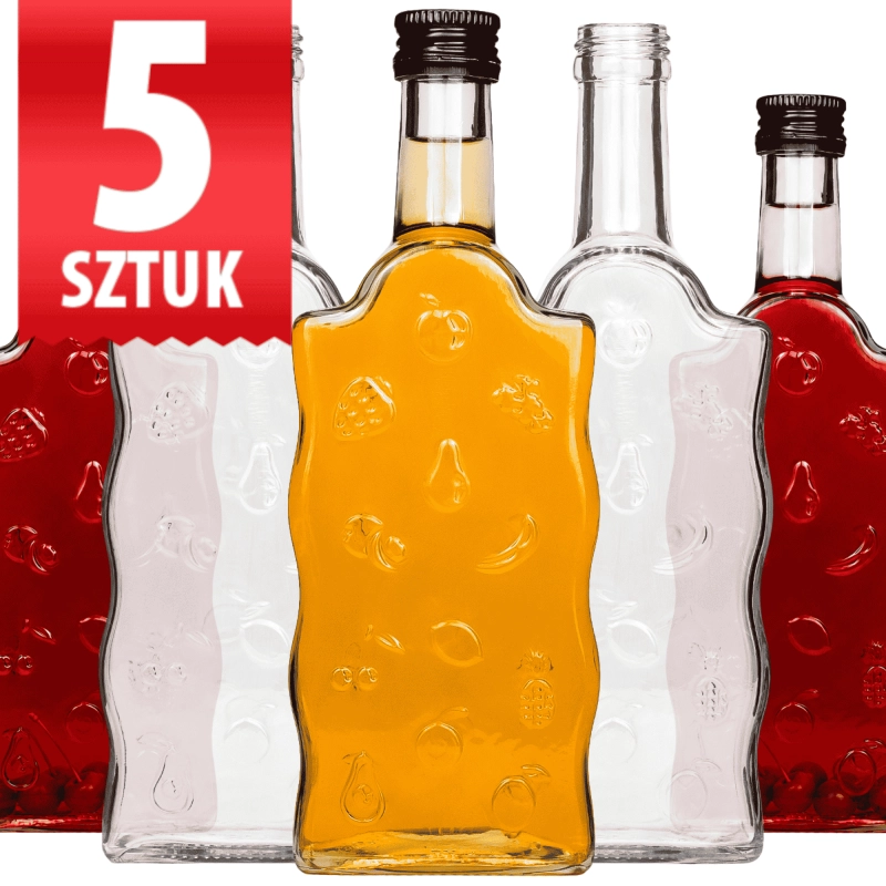 Zestaw 5 szklanych butelek Warta Fruit 500 ml z wytłoczonymi owocami — 2,5 litra na nalewki