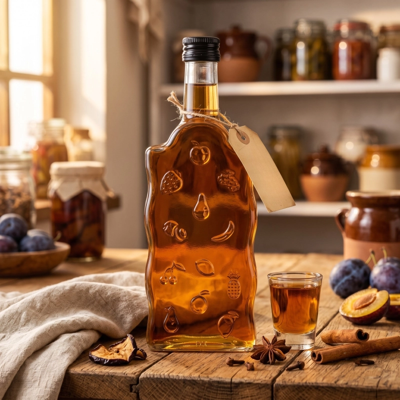 Szklana butelka Warta Fruit 500 ml w rustykalnym wnętrzu — elegancka flaszka na nalewki i likiery