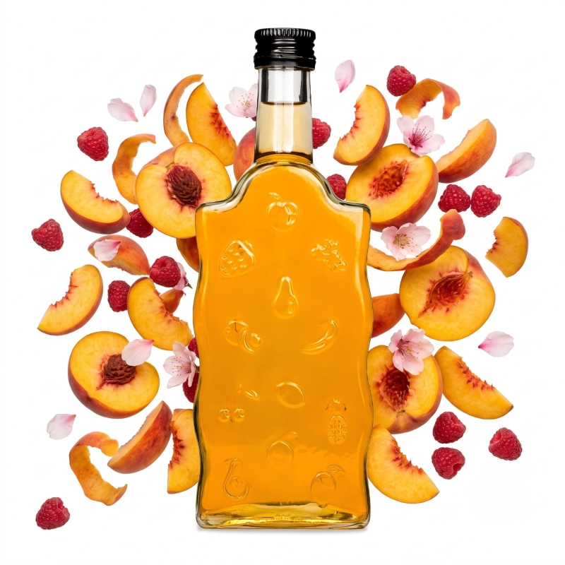 Szklana butelka Warta Fruit 500 ml wśród kolorowych kwiatów i owoców — dekoracyjna flaszka na likiery