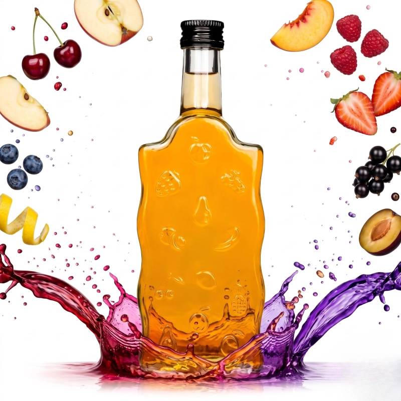 Szklana butelka Warta Fruit 500 ml na kolorowym tle — wielorazowe opakowanie do domowych nalewek