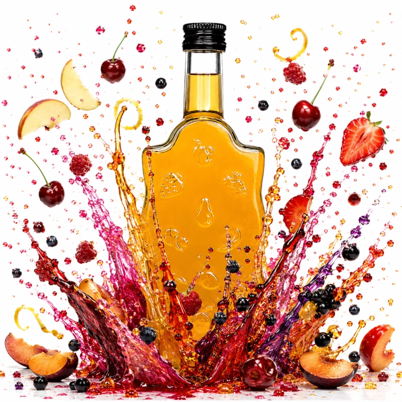Szklana butelka Warta Fruit 500 ml wśród kolorowych kwiatów — elegancka flaszka na świąteczne nalewki