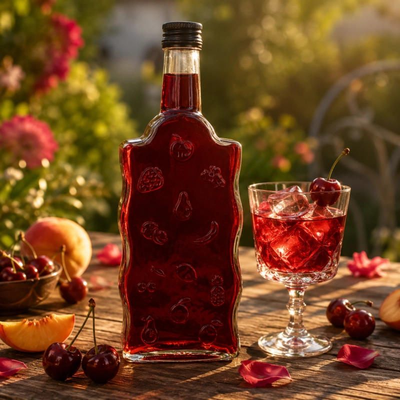 Butelka Warta Fruit 500 ml na tle czerwonych owoców — szklane opakowanie na domowe likiery