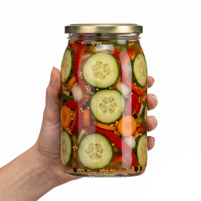 Dłoń trzymająca szklany słoik Standard 900 ml z ogórkami kiszonymi, wieczko twist-off fi 82