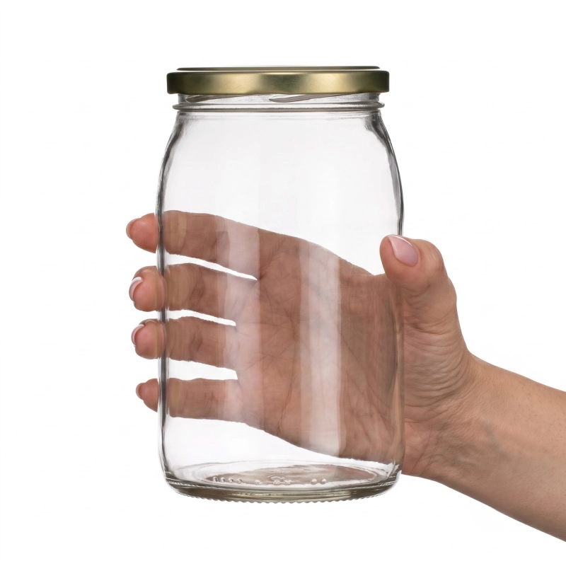 Dłoń trzymająca szklany słoik Standard 900 ml z przetworem — pojemnik do wekowania i kiszenia
