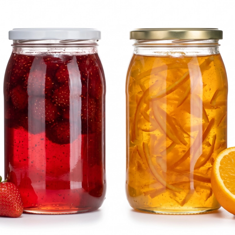 Dwa słoje szklane Standard 900 ml z czerwonymi i żółtymi przetworami, wieczko twist-off fi 82