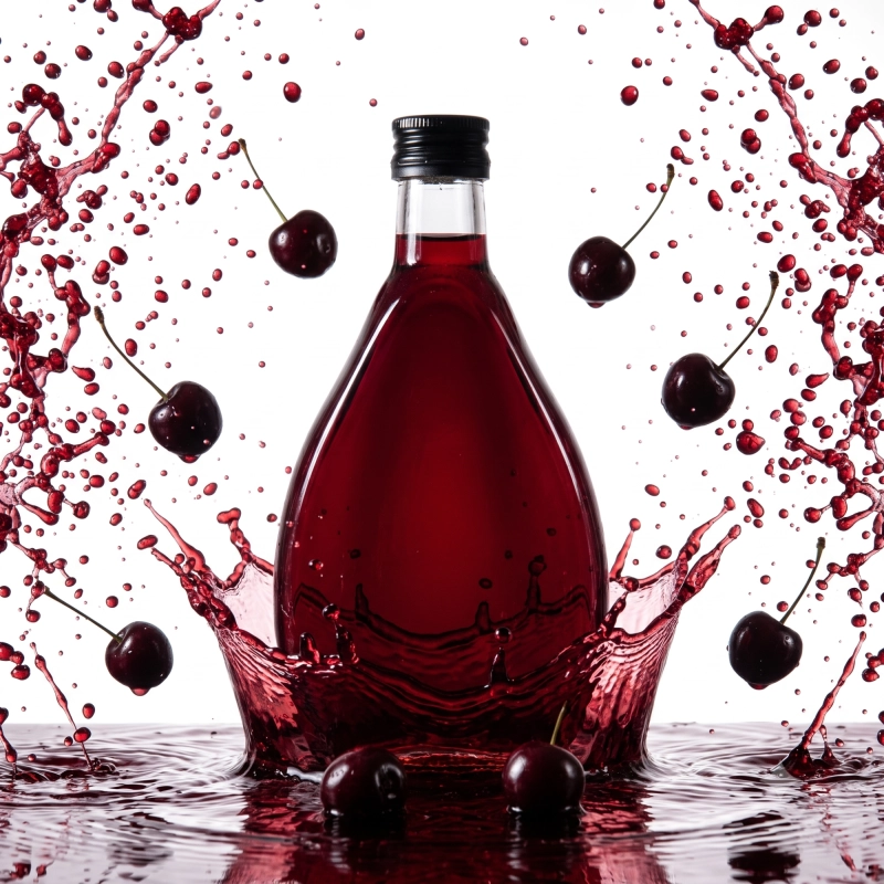 Butelka szklana Nigina 250 ml z ciemnoczerwonym winem wśród rozprysków owoców na jasnym tle