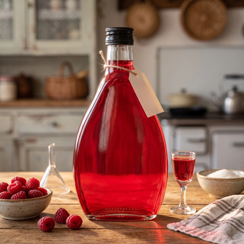Butelka na nalewki Nigina 250 ml ze szkła przy owocach i słojach na blacie kuchennym