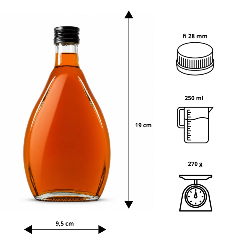 Tablica wymiarów butelki szklanej Nigina 250 ml — wysokość 19 cm, szerokość 9,5 cm, gwint fi 28