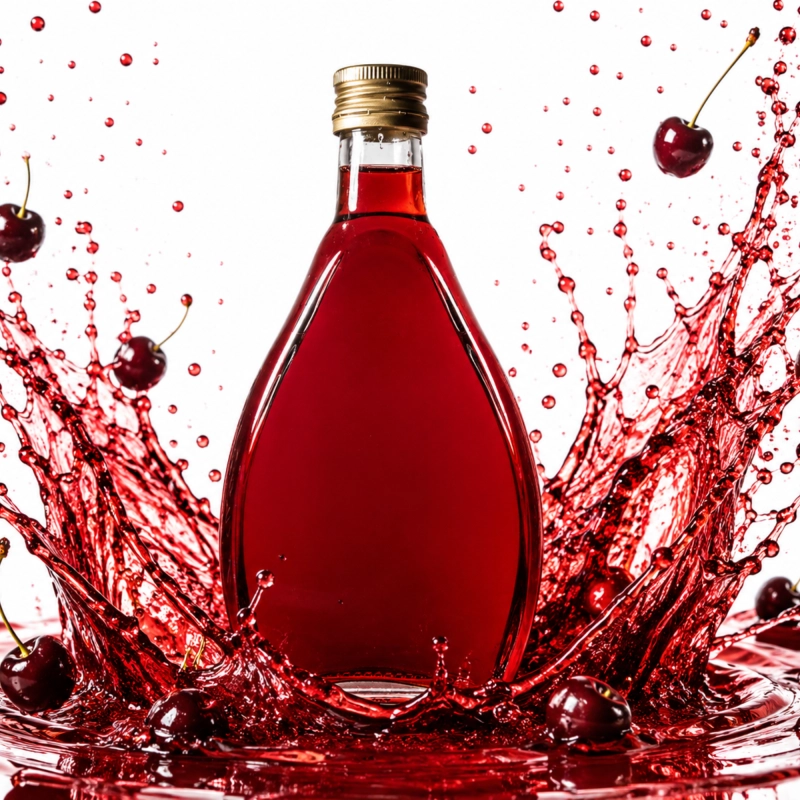 Szklana butelka na nalewki Nigina 250 ml z czerwonym płynem w efektownym rozbryzgu owoców