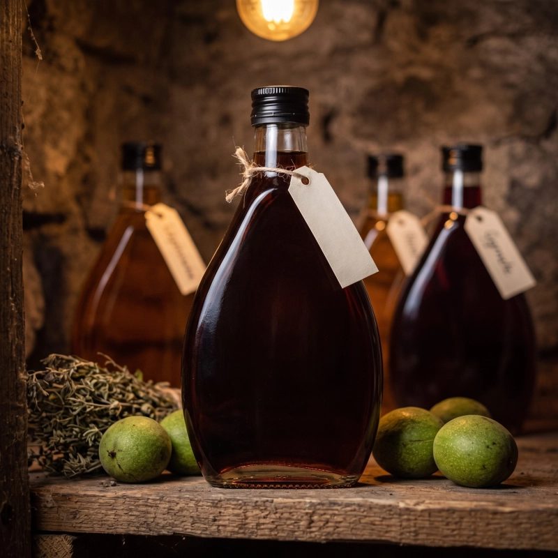 Butelki szklane Nigina 250 ml z domowymi alkoholami w klimatycznej aranżacji przy drewnie
