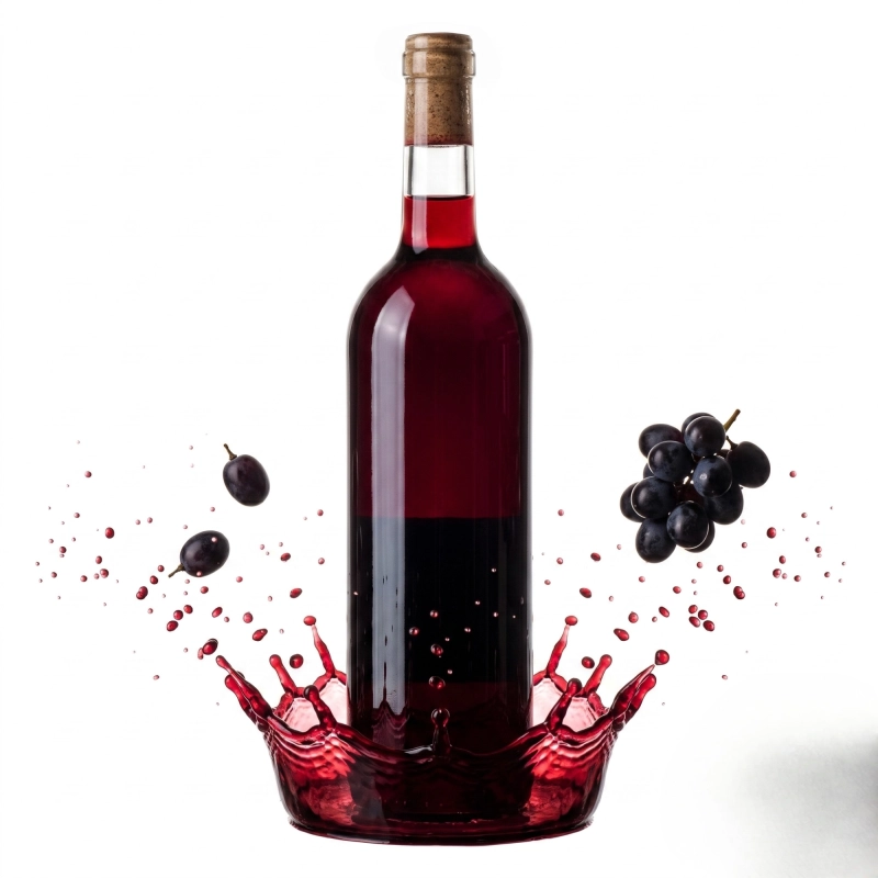 Szklana butelka Bordeaux 750 ml do wina domowego z rozbryzgiem czerwonego wina i kiścią winogron
