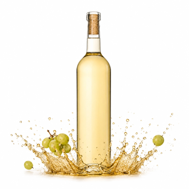 Butelka na wino Bordeaux 750 ml z jasnym winem białym wśród zielonych winogron, szkło bezbarwne