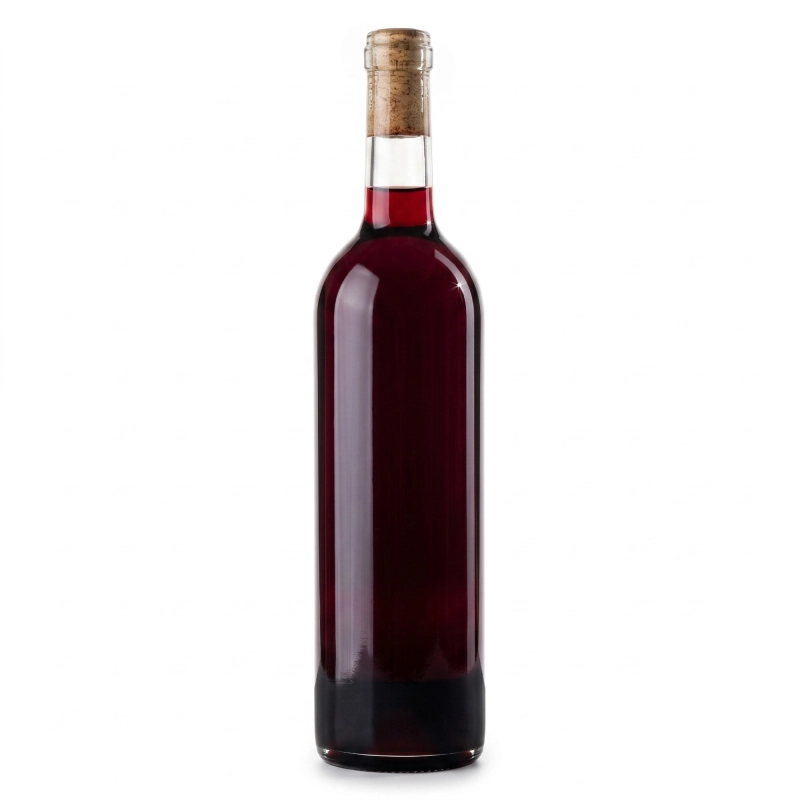 Szklana flaszka Bordeaux 750 ml z ciemnoczerwonym winem domowym, klasyczny kształt winiarski