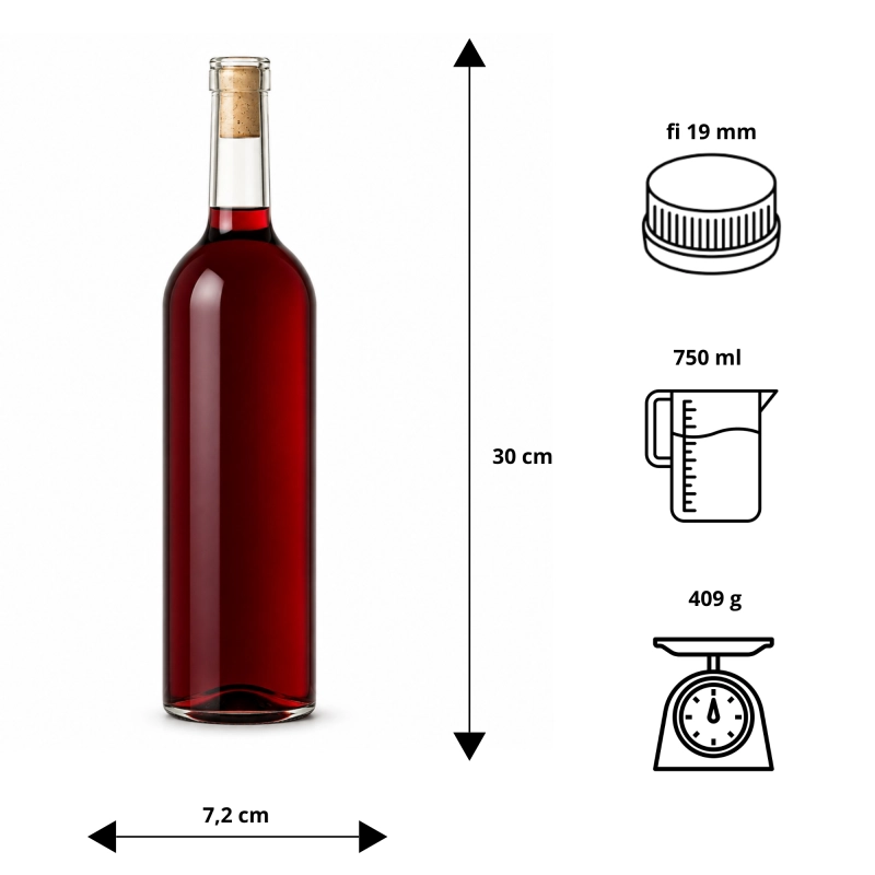Wymiary butelki szklanej Bordeaux 750 ml na tablicy, wysokość, średnica i gwint szyjki fi 19 mm