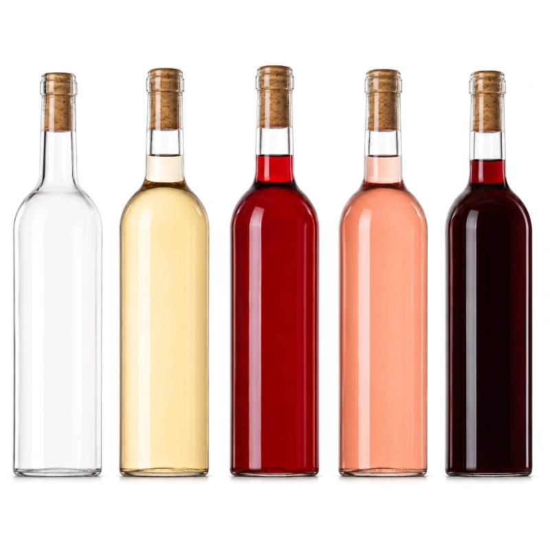 Komplet trzech szklanych butelek Bordeaux 750 ml z różnymi trunkami, pastelowa aranżacja na wino