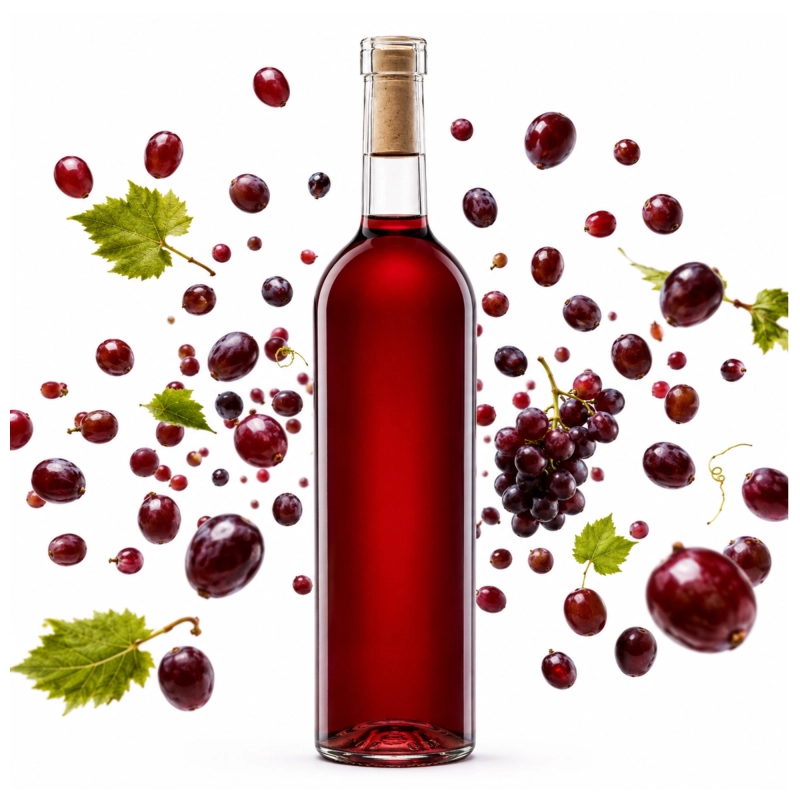 Butelka szklana do wina Bordeaux 750 ml z rozsypanymi winogronami i plamami czerwonego wina