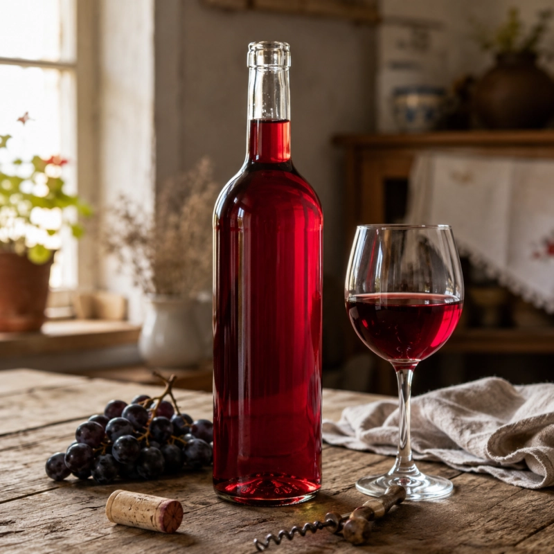 Dwie butelki wina Bordeaux 750 ml w rustykalnej kuchni, szklane flaszki na wino i nalewki domowe