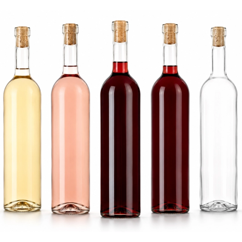 Butelki szklane Bordeaux 750 ml z białym, bursztynowym i czerwonym trunkiem, pakiet hurtowy 30 szt