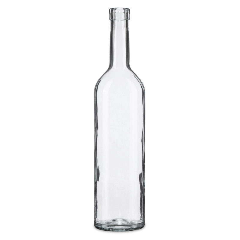 Pusta szklana flaszka winiarska Bordeaux 750 ml z szyjką fi 19 mm, widok boczny na białym tle