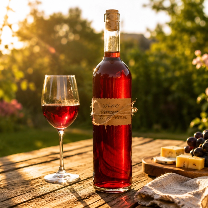 Szklane butelki Bordeaux 750 ml z winem na tle letniego ogrodu, flaszki do domowego winiarstwa