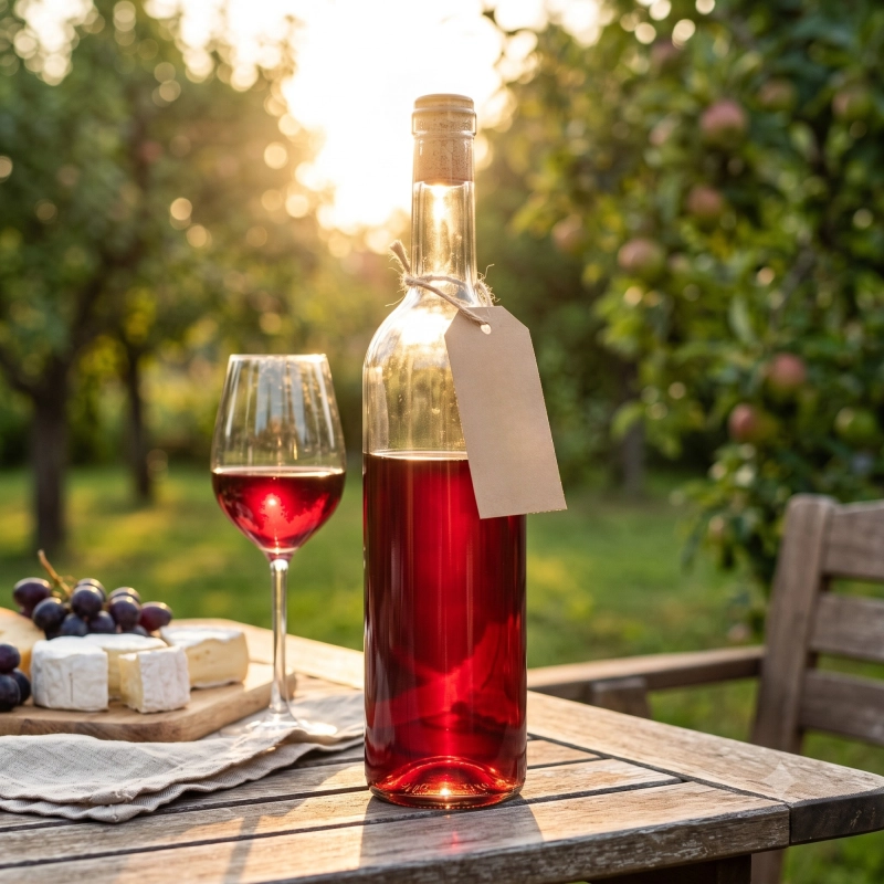Butelki na wino Bordeaux 750 ml ustawione w plenerze, szklane flaszki z domowym winem i nalewkami