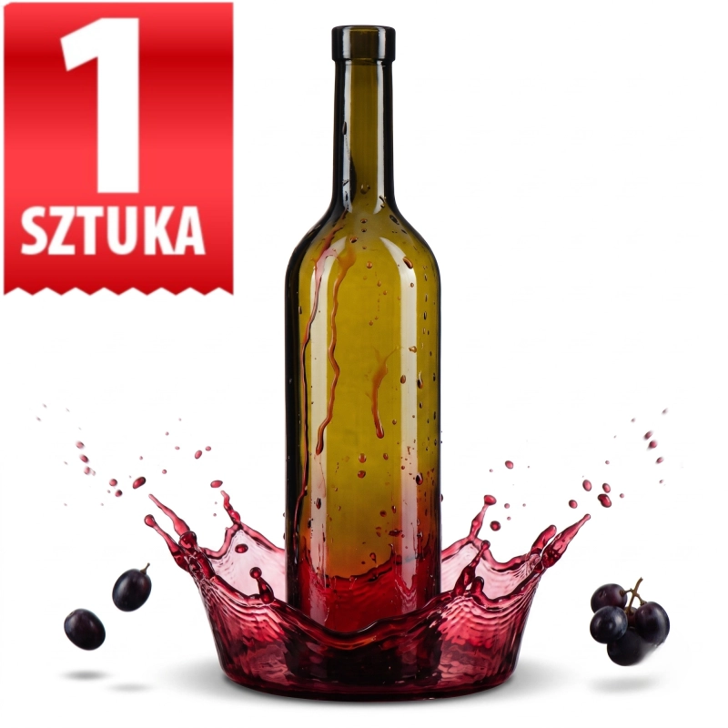 Butelka szklana oliwkowa Bordeaux 750 ml z rozbryzgiem czerwonego wina, ciemne szkło do leżakowania