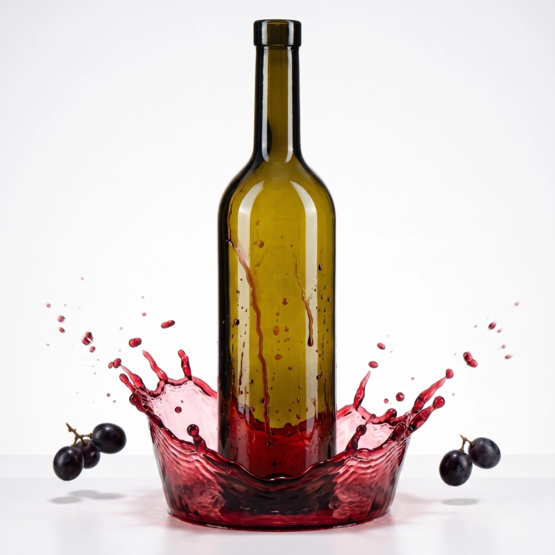 Szklana flaszka winiarska Bordeaux 750 ml w kolorze oliwkowym z efektem rozlanego czerwonego wina