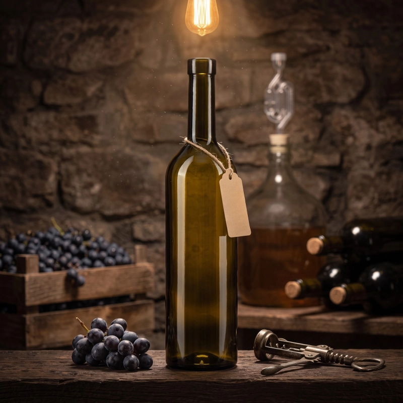 Butelka winiarska Bordeaux 750 ml w ciemnym szkle oliwkowym przy świecach, klimatyczna aranżacja