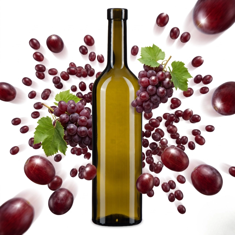 Oliwkowa flaszka szklana Bordeaux 750 ml wśród rozbryzgu winogron, butelka do leżakowania wina