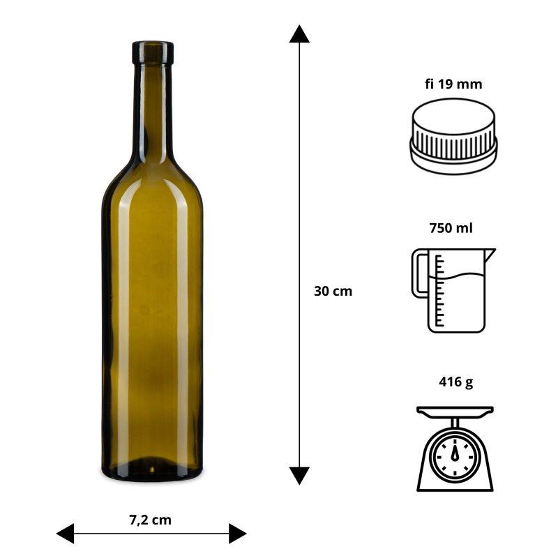 Tablica wymiarów butelki oliwkowej Bordeaux 750 ml, szyjka fi 19 mm pod korek aglomerowany
